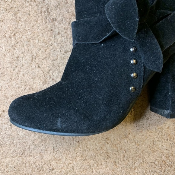 Black Studded Faux Suede Heeled Boots - Picture 2 of 10